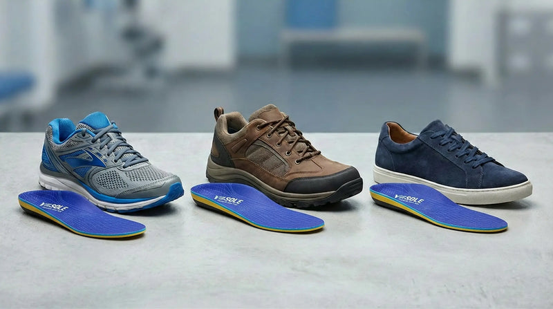 Running, walking, and daily shoes with high-arch support insoles visible