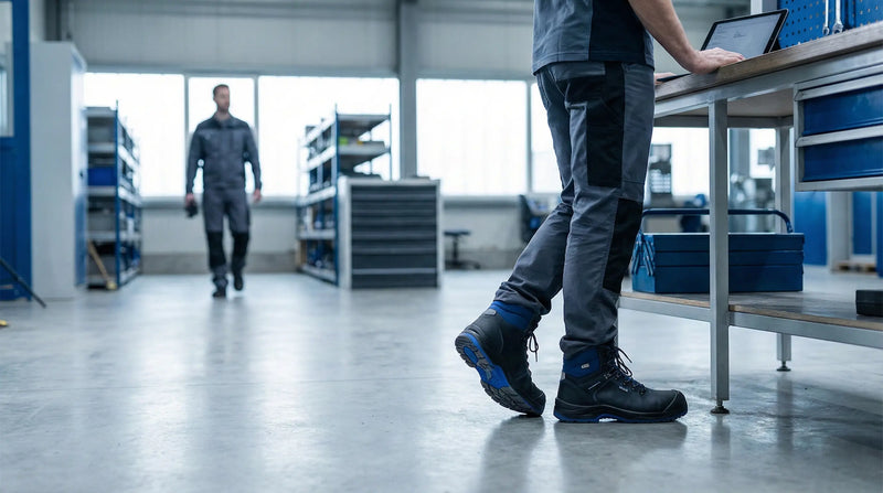 Worker standing on concrete floor with supportive footwear focused on heel and arch comfort
