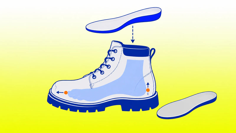 Electrician work boot beside its removable stock footbed and a replacement insole, shown as a fit checklist illustration
