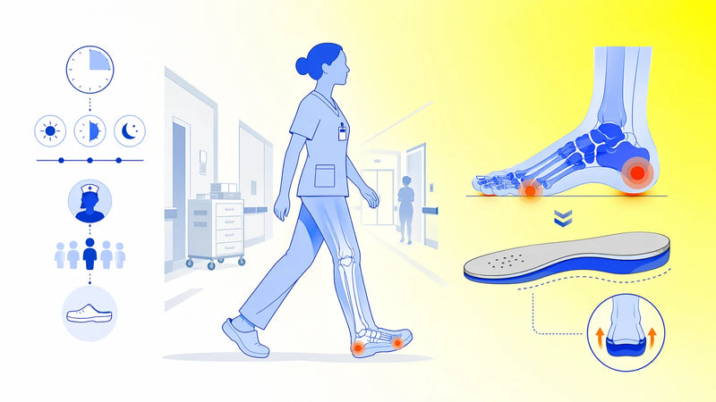 Editorial illustration of nurse long-shift foot strain patterns and supportive footwear decision points