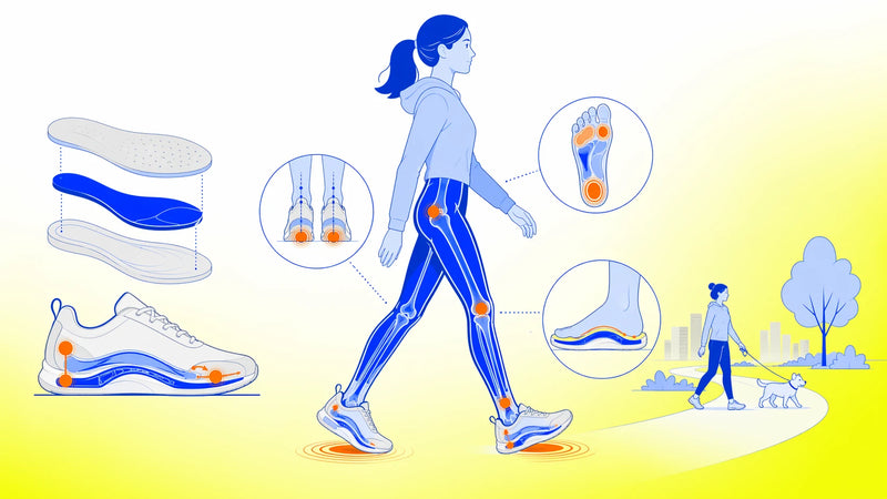 Editorial illustration showing shoppers comparing walking comfort priorities across support-focused footwear options