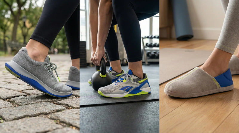 Walking shoe, gym shoe, and recovery slipper setup for activity-based arch support