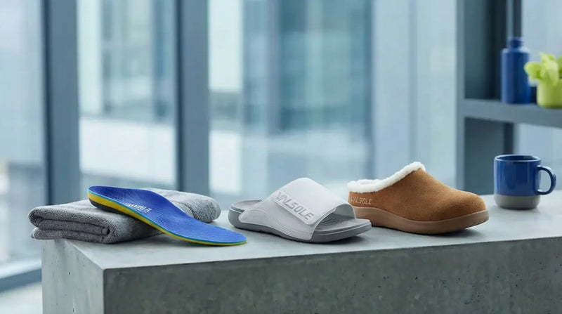 Orthotic options for wide feet including insole, recovery sandal, and supportive clog
