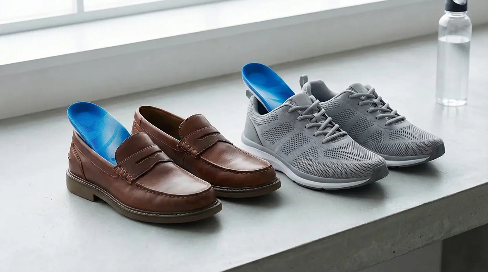 Work boot fitting scene showing insole trim line and toe-box clearance check for flat feet