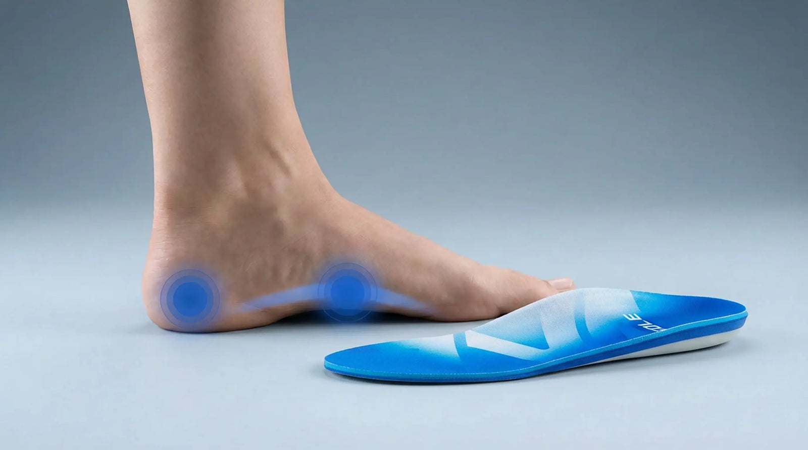 Side-view foot pain zones comparison at heel and arch with supportive insole