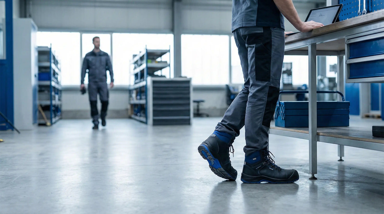 Worker standing on concrete floor with supportive footwear focused on heel and arch comfort