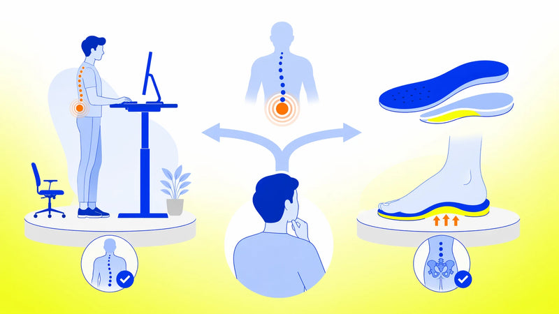 Editorial illustration comparing standing desk setup with supportive insoles for back pain decisions