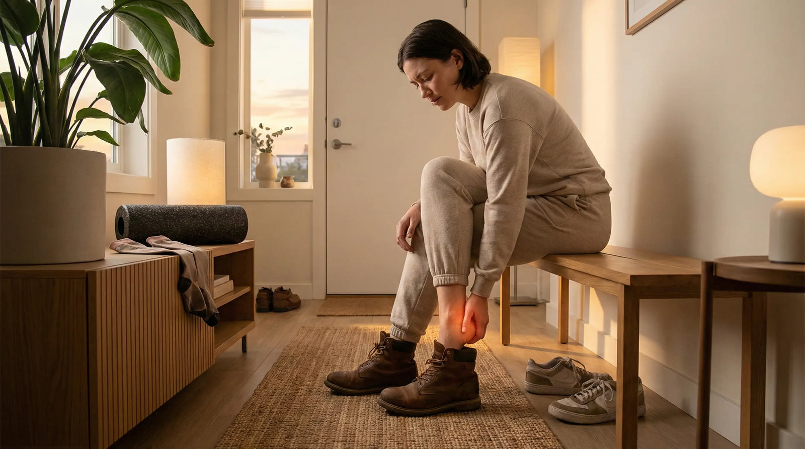 End-of-day heel pain recovery scene with worker removing shoes after long shift