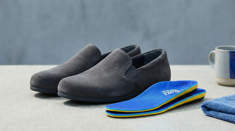 Wide toe-box footwear with supportive insole highlighting comfort and pressure relief