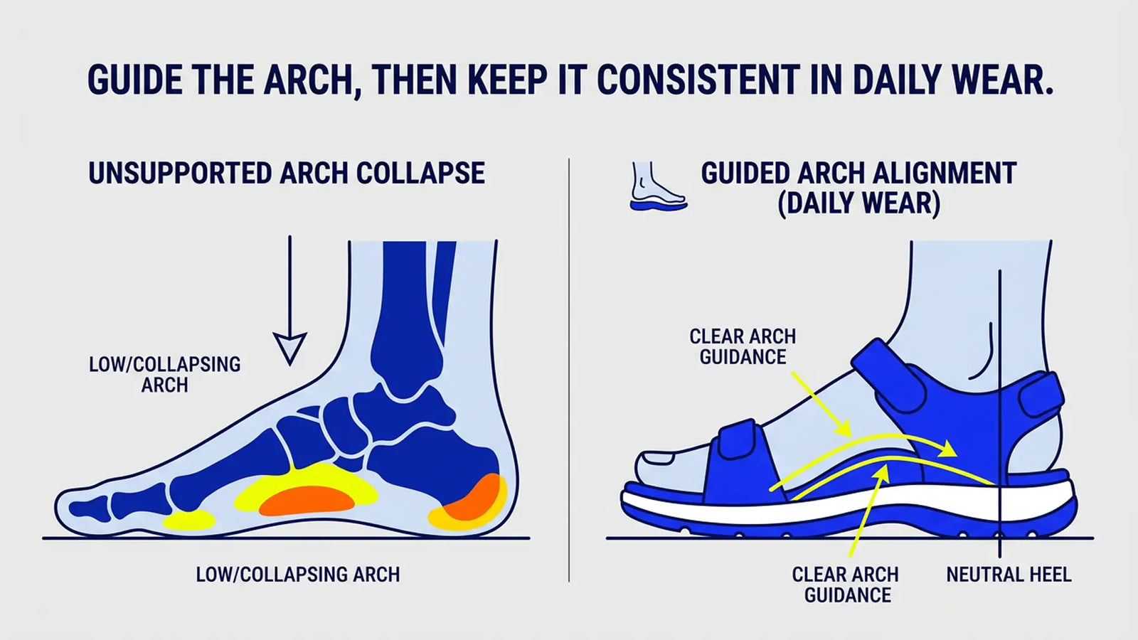 Arch support illustration comparing collapsed arch loading and stable supported alignment for daily summer wear