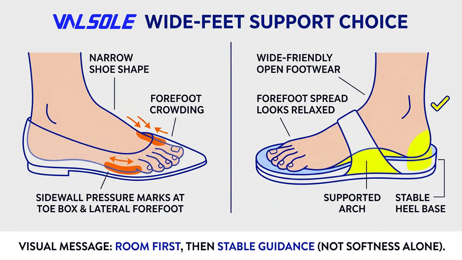 Wide-feet support illustration showing forefoot crowding versus stable roomy alignment with structured summer support