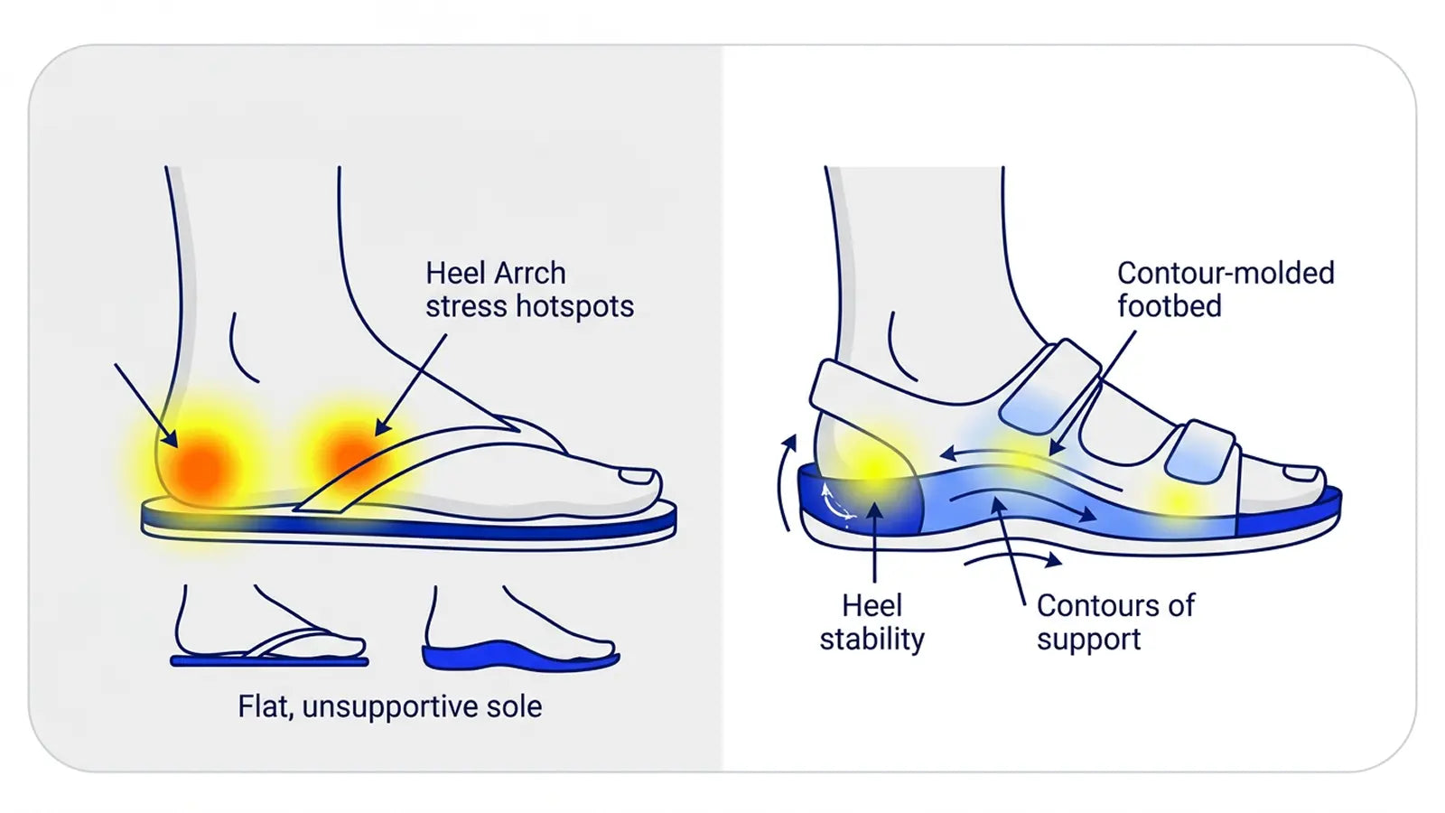 Plantar fasciitis sandal comparison showing heel-arch stress reduction with supportive recovery sandal