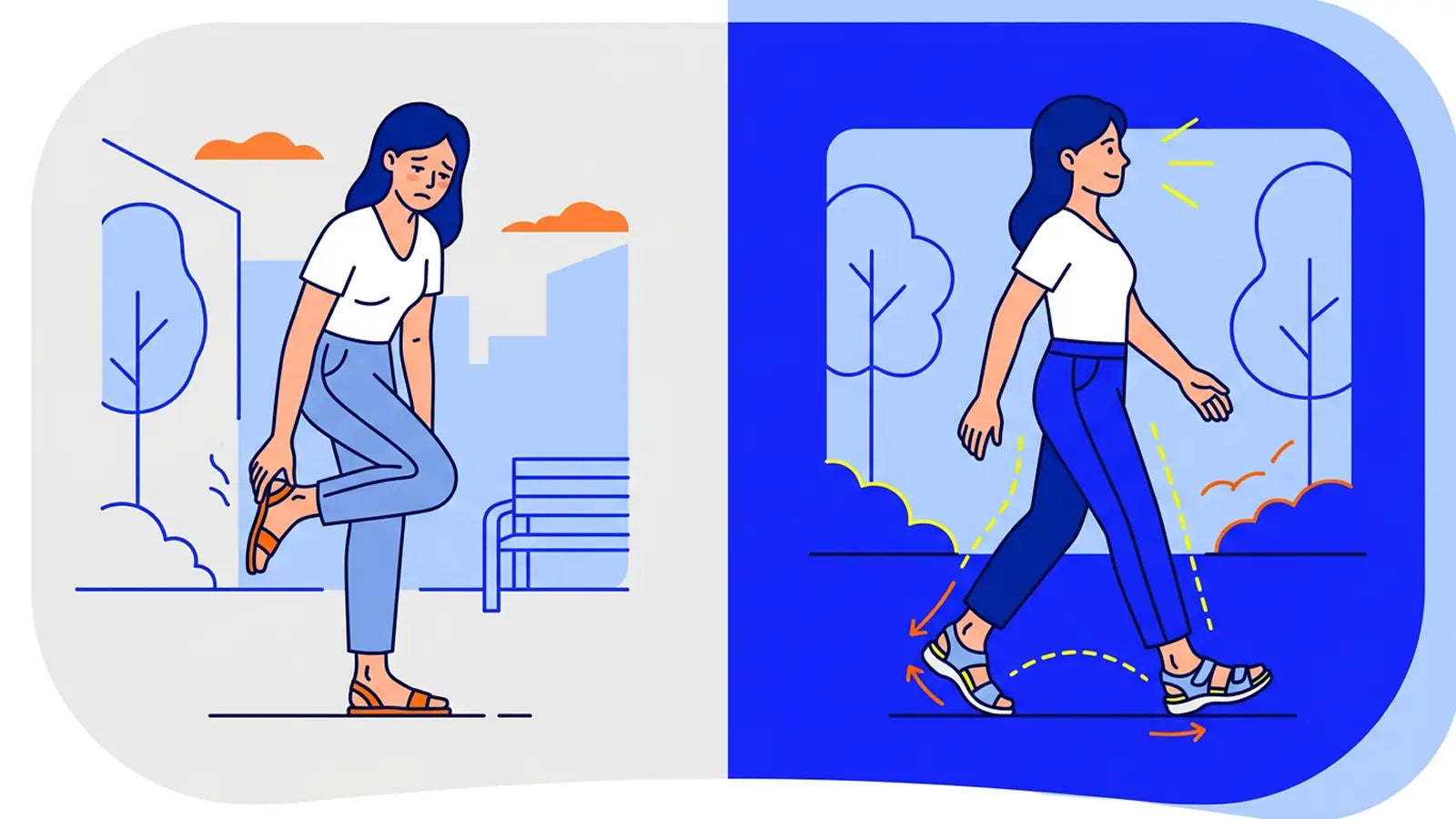 Women’s orthopedic sandal illustration showing stability-first support versus soft-only sandal fatigue