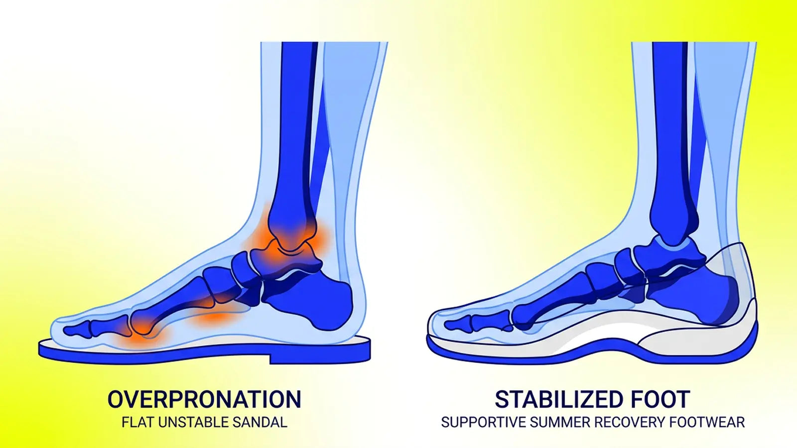 Overpronation support illustration showing inward foot roll in an unstable sandal versus better heel and arch alignment in supportive summer footwear