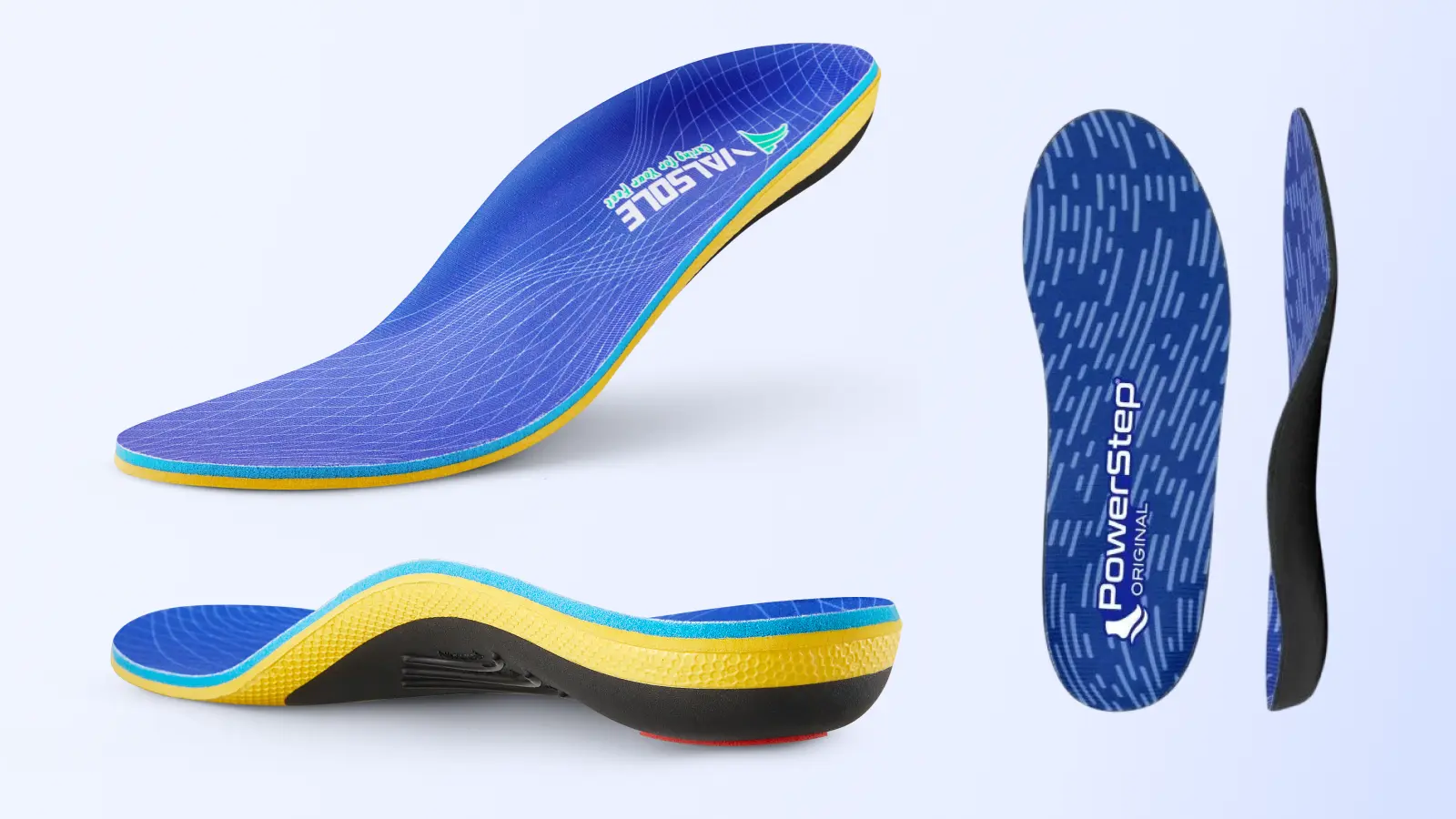 VALSOLE vs PowerStep insole comparison showing pressure concentration versus broader support distribution