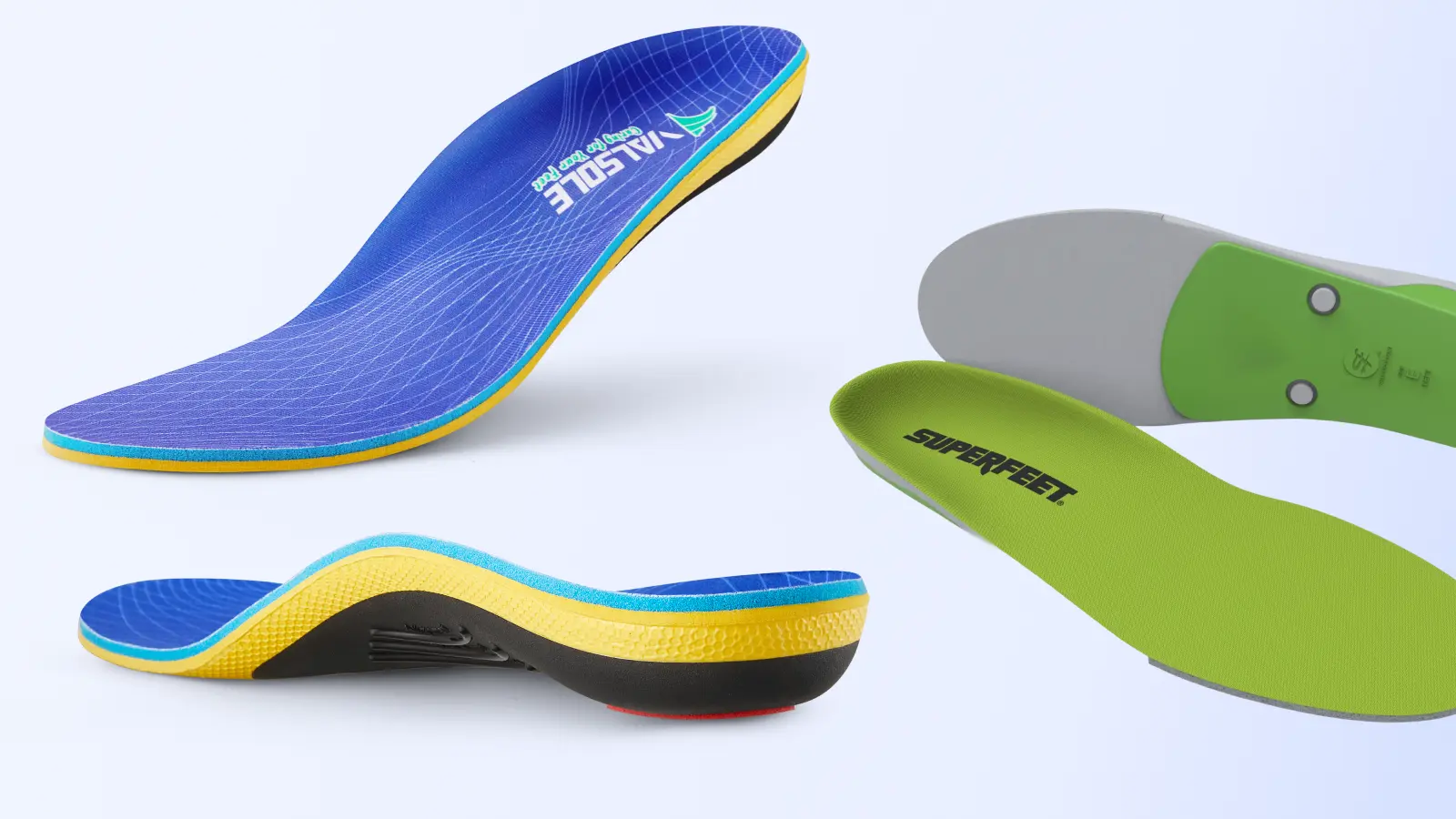 VALSOLE vs Superfeet insole comparison showing rigid support profile versus balanced stability and cushioning control