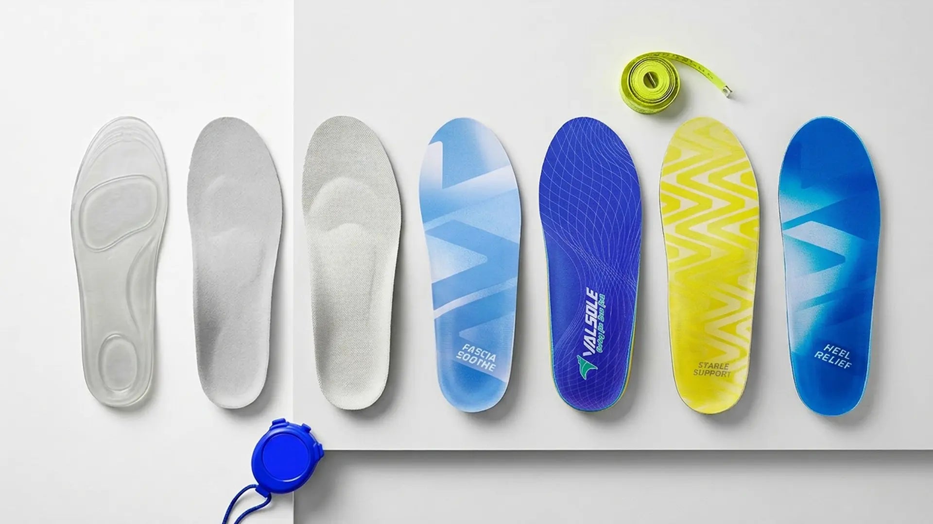 Product lineup of insoles arranged by support firmness
