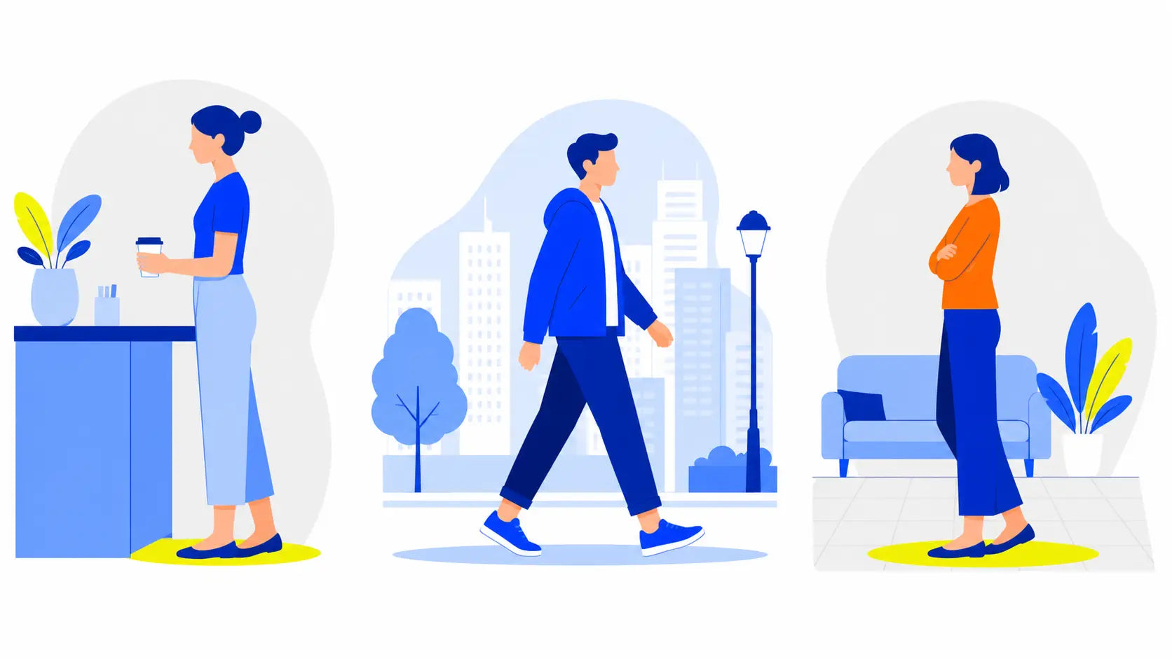 Illustration of three daily foot-load situations: standing, walking, and hard floors.
