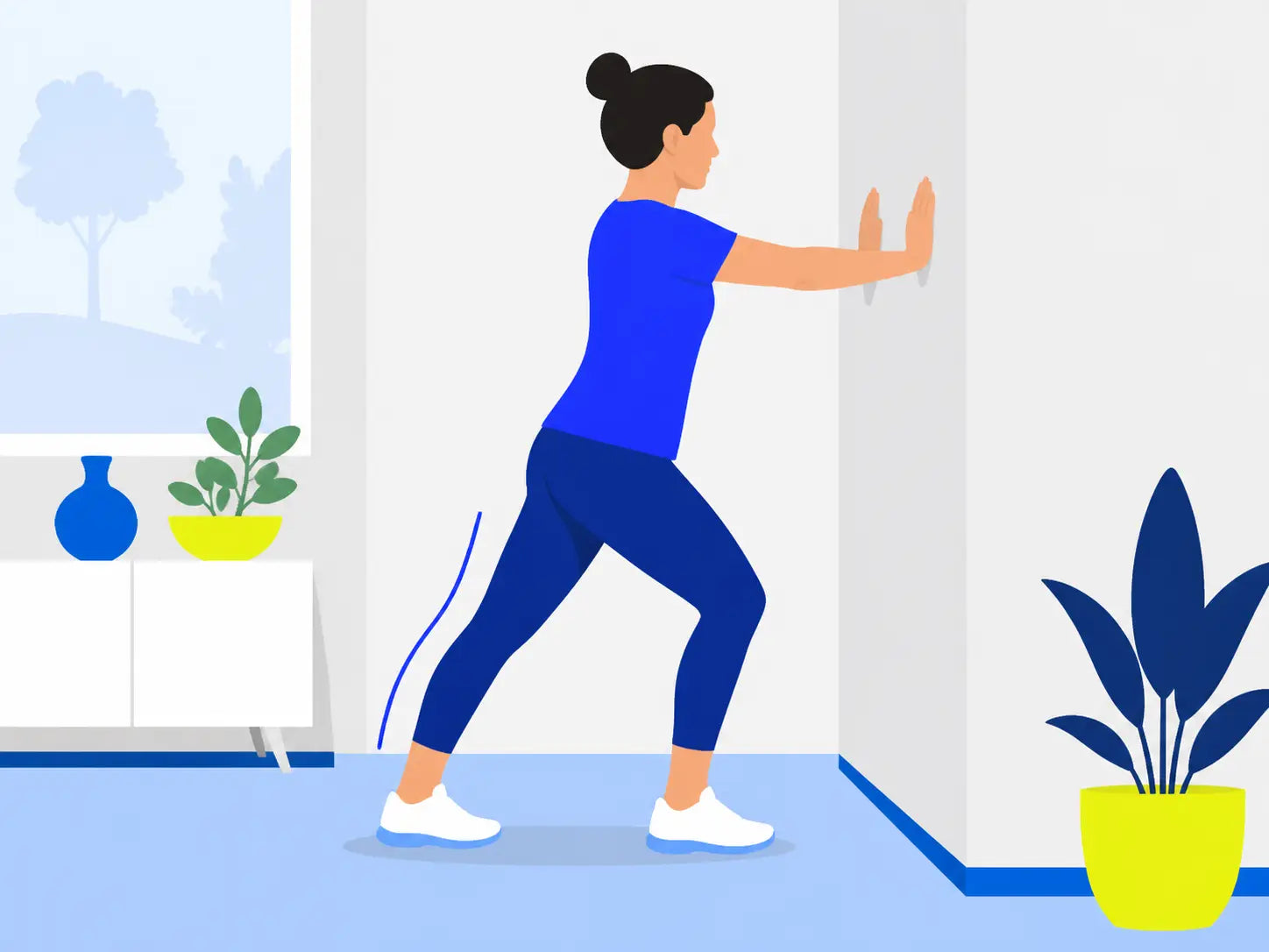 Three-frame illustration of a gentle wall-supported calf stretch.
