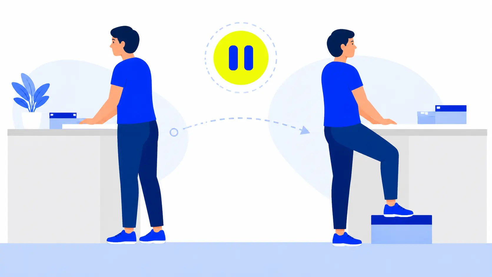 Illustration of a long-shift routine with standing, changing position, and a short walk.