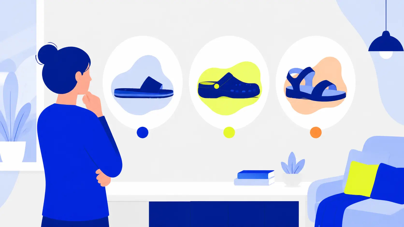 Illustration comparing home-footwear coverage, surface, and adjustability.