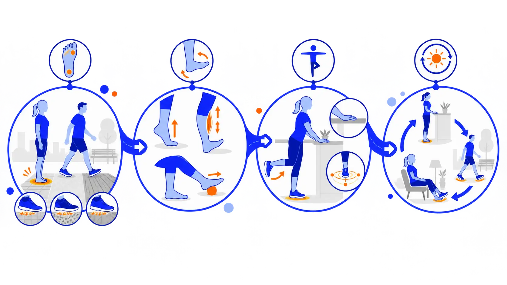 Illustrated four-week path from daily load to movement, steadiness, and routine review.
