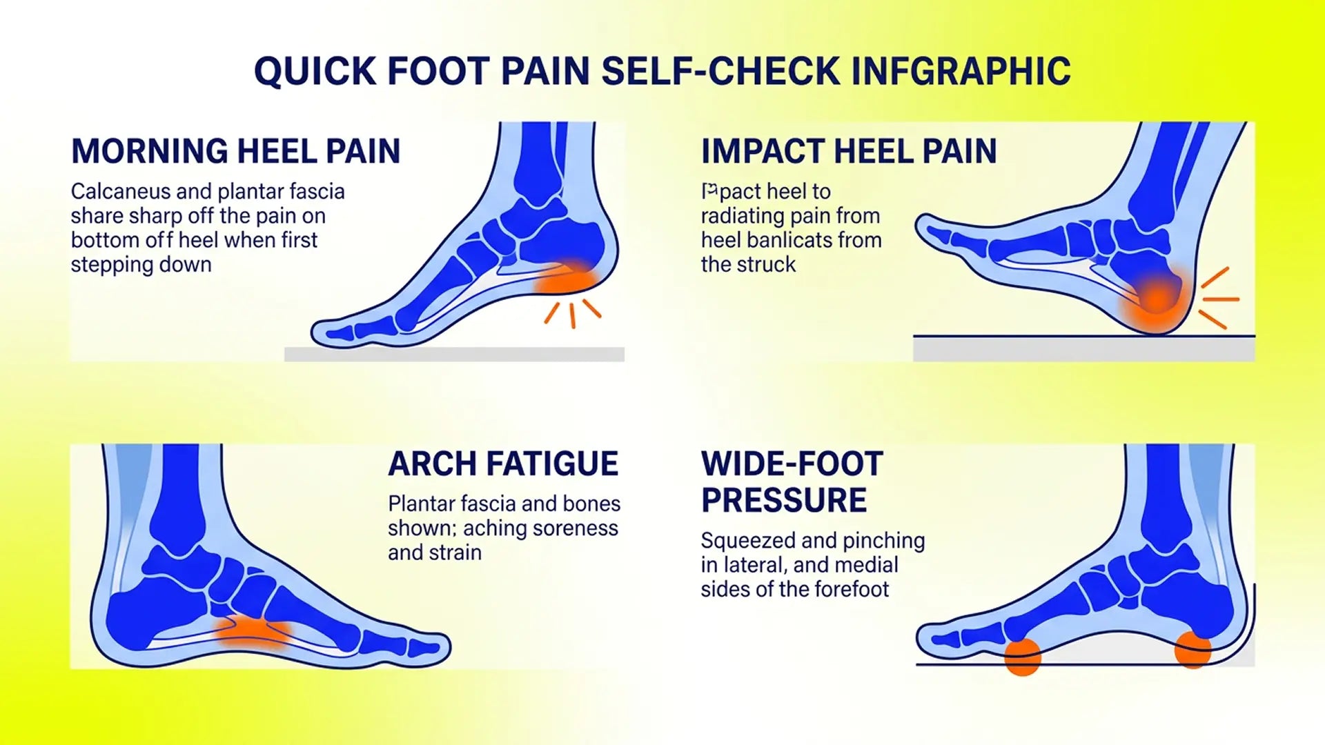 Minimal vector infographic of foot pain zones and symptom mapping